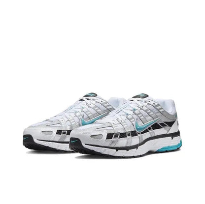 Nike P-6000 sneakers in white with teal Swoosh, black panels, and rugged sole