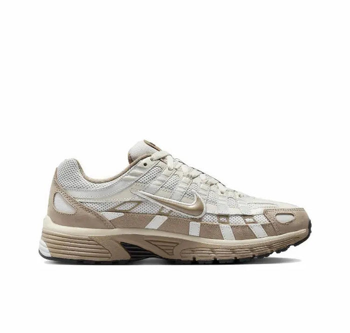 P-6000 premium sneaker, light cream with brown overlays, lace-up quarter view