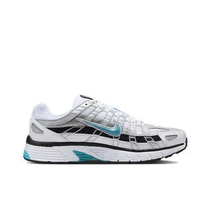 Nike P-6000 side profile in white with teal swoosh and black geometric overlays