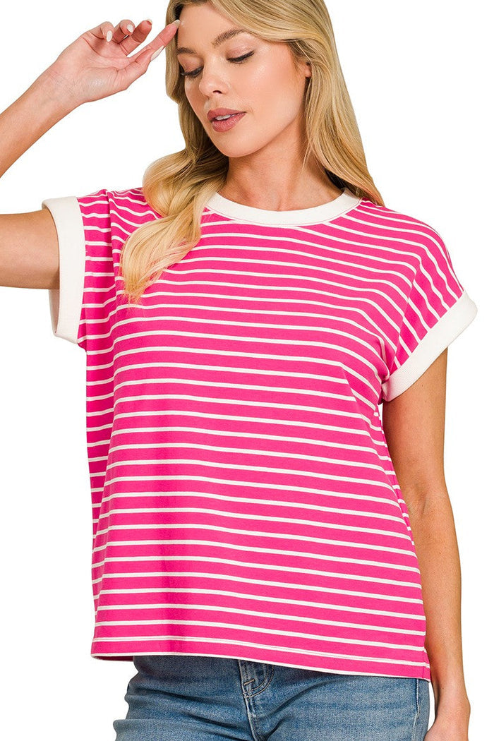 Pink and white striped cap sleeve T-shirt with crew neck