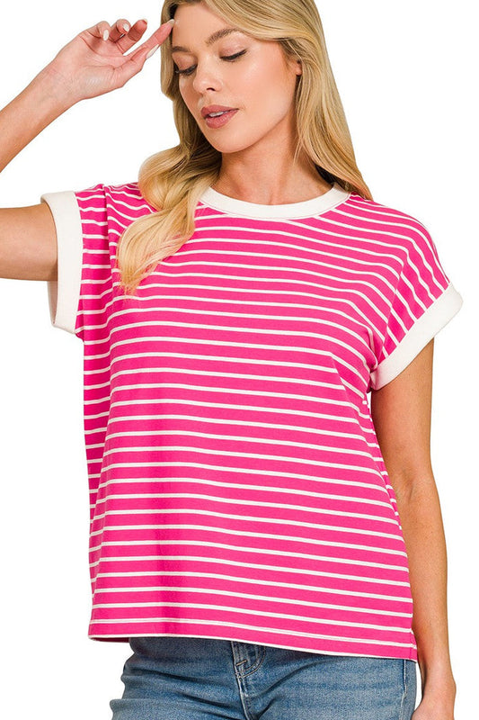 Pink and white striped cap sleeve T-shirt with crew neck