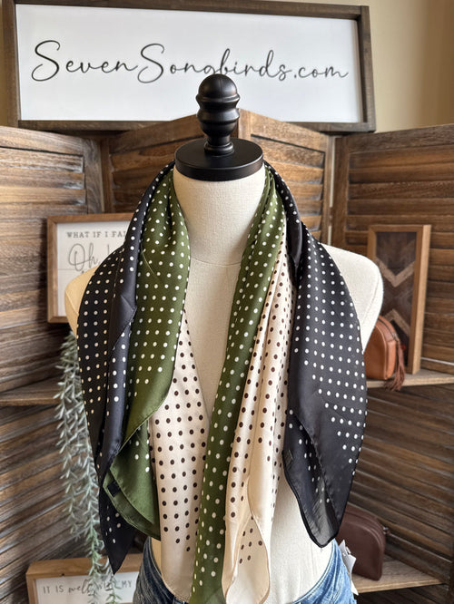 Three-color polka dot wild rag scarf with green, black, and ivory panels