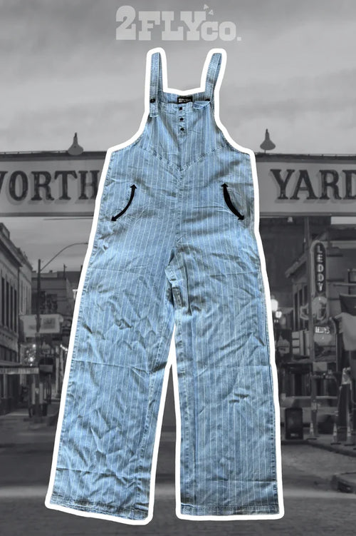 Light blue denim bib overalls with straight wide legs and side patch pockets