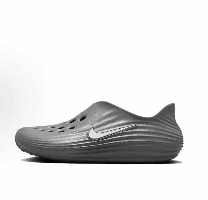 Nike ReactX Rejuven8 grey slip-on clog with perforated upper and swoosh