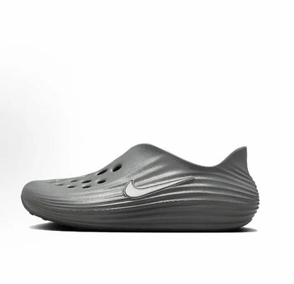 Nike ReactX Rejuven8 grey slip-on clog with perforated upper and swoosh