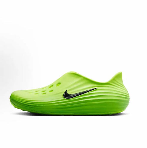 Green slip-on sneakers with black Swoosh and perforated upper, ridged sole