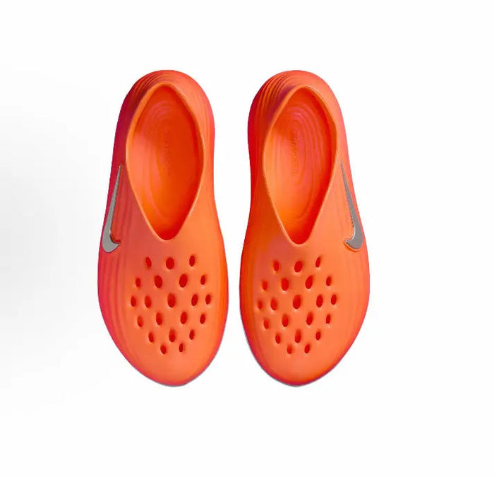 Nike ReactX Rejuven8 orange sandals pair, vented holes, Swoosh details