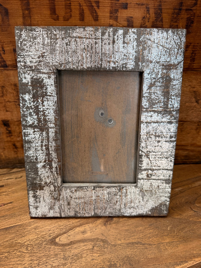 Distressed reclaimed wood 5x7 photo frame with rectangular opening and dark backing