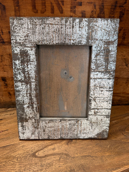 Distressed reclaimed wood 5x7 photo frame with rectangular opening and dark backing