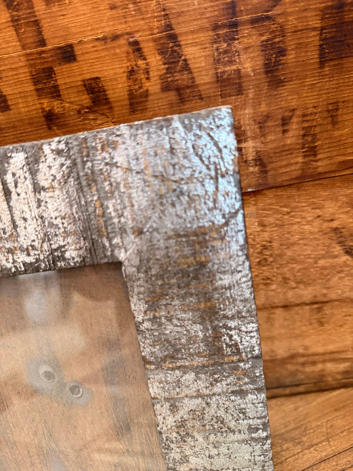 Weathered whitewashed 5x7 photo frame corner with inner backing and screw holes