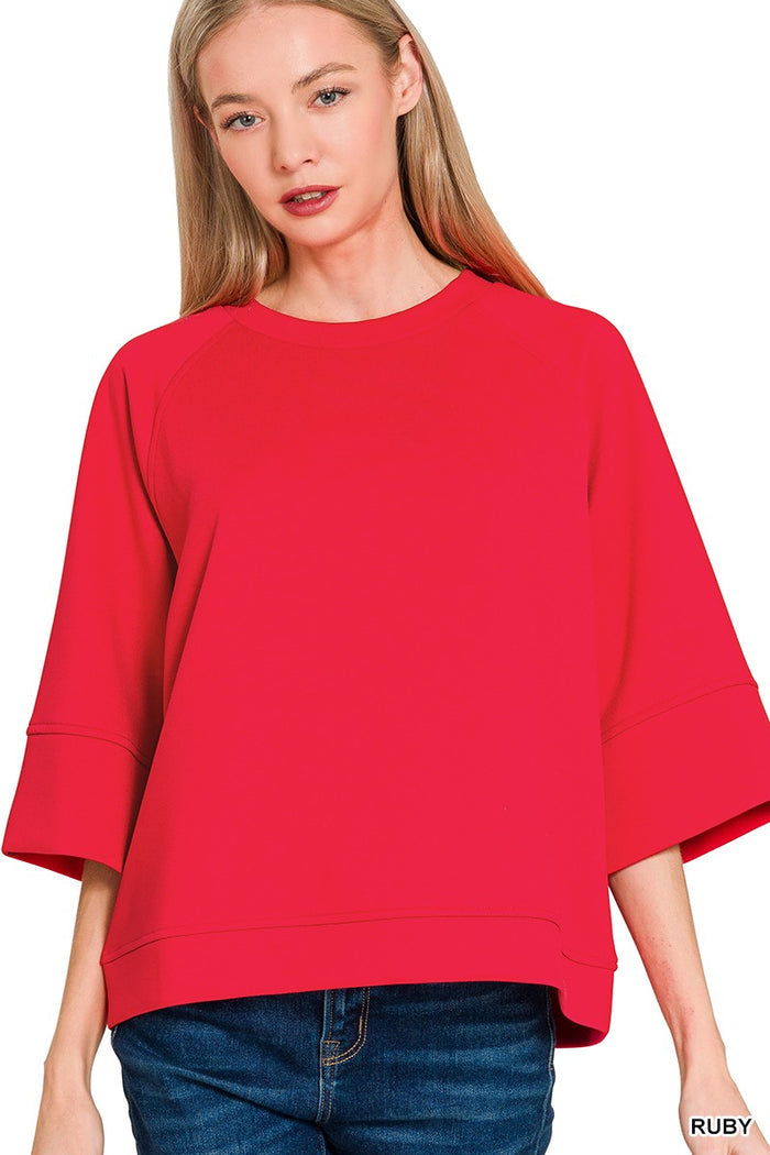 Red 3/4 sleeve T-shirt with crew neck, relaxed fit hem