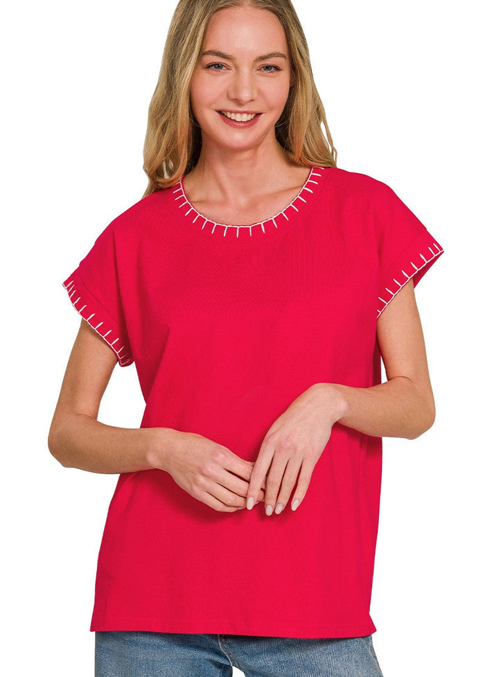 Red cotton T-shirt with whipstitched crew neck and sleeve cuffs