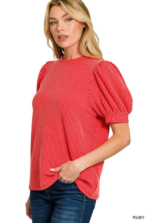 Red ribbed T-shirt with puff sleeves and crew neck, short sleeves