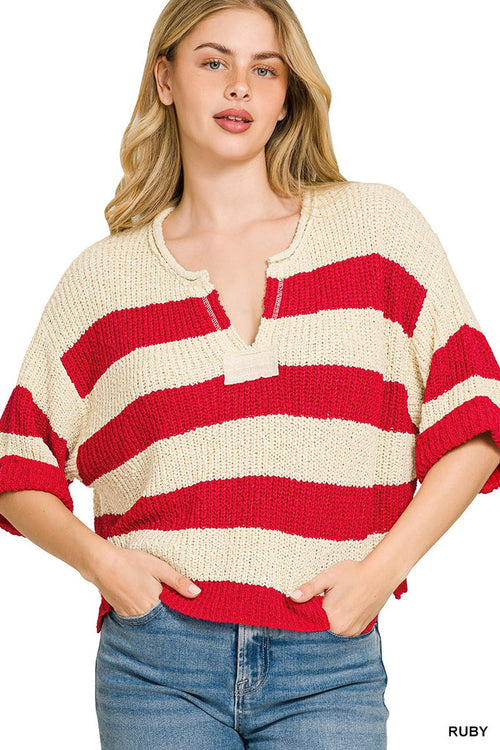 Striped split-neck short-sleeve sweater in cream with red horizontal bands