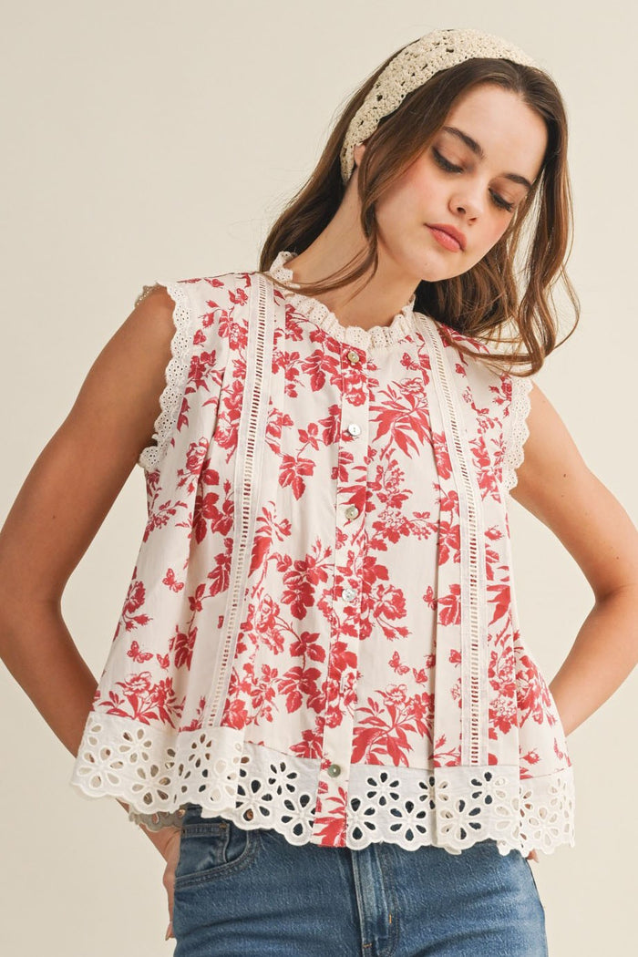 Sleeveless cotton floral lace shirt, white with red pattern and scalloped eyelet hem