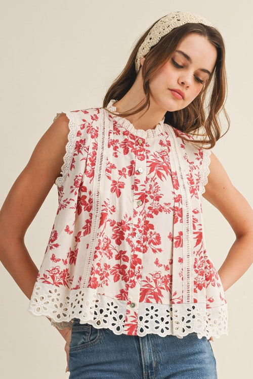 Sleeveless cotton floral lace shirt, white with red pattern and scalloped eyelet hem