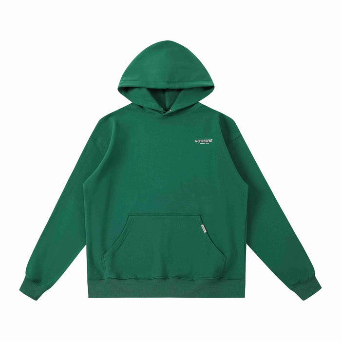 Green hoodie with hood, front kangaroo pocket, and small chest logo