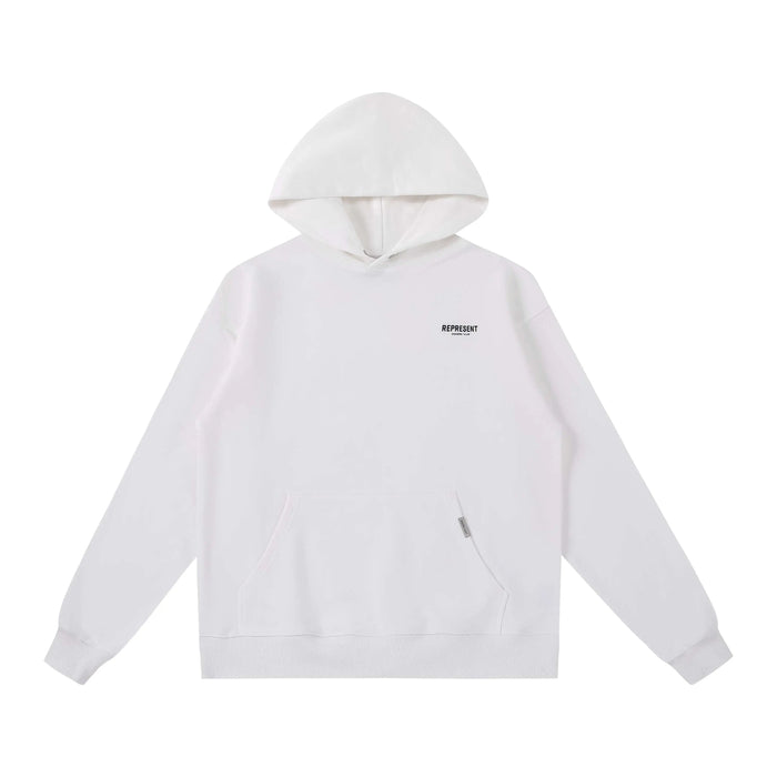 White pullover hoodie with front kangaroo pocket and small chest logo