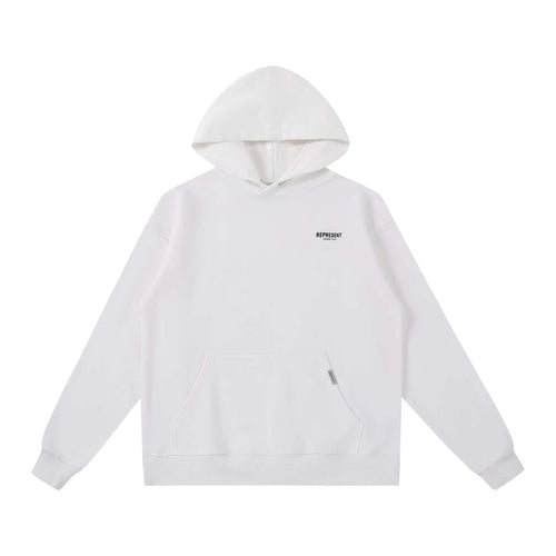 White pullover hoodie with front kangaroo pocket and small chest logo