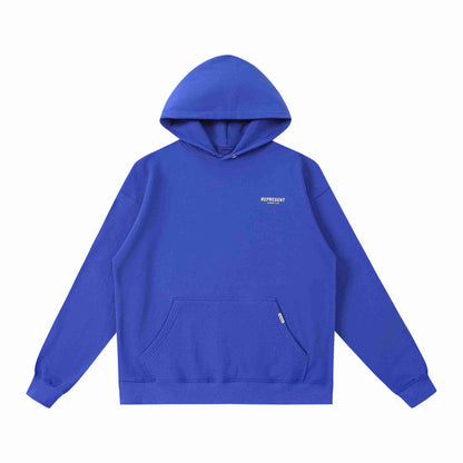 Blue pullover hoodie with kangaroo pocket and small chest logo patch