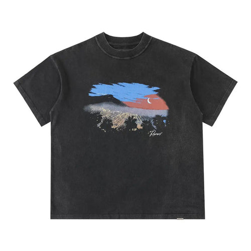 Black graphic T-shirt with blue, orange and gold landscape print on chest