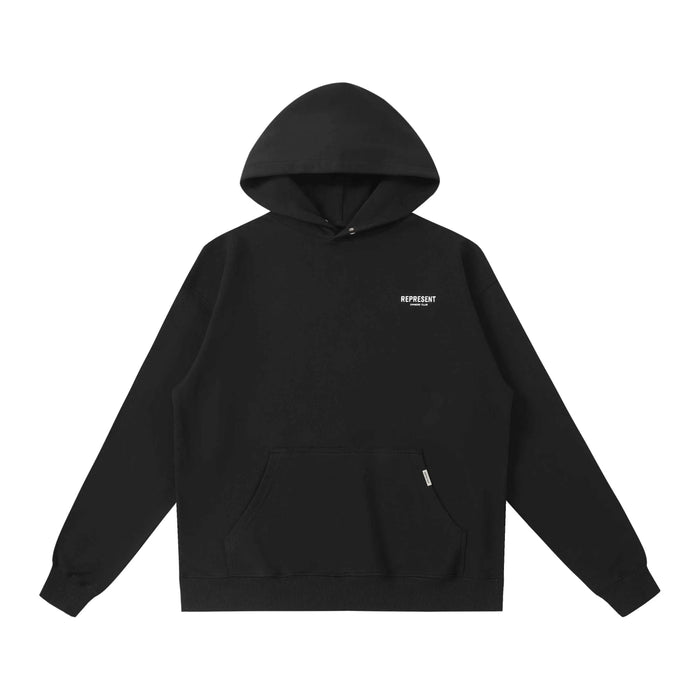 Black pullover hoodie with hood and kangaroo pocket