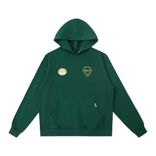 Green pullover hoodie with kangaroo pocket and racing team chest logo