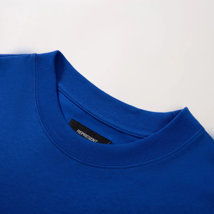 Blue crewneck T-shirt collar and inner neck label