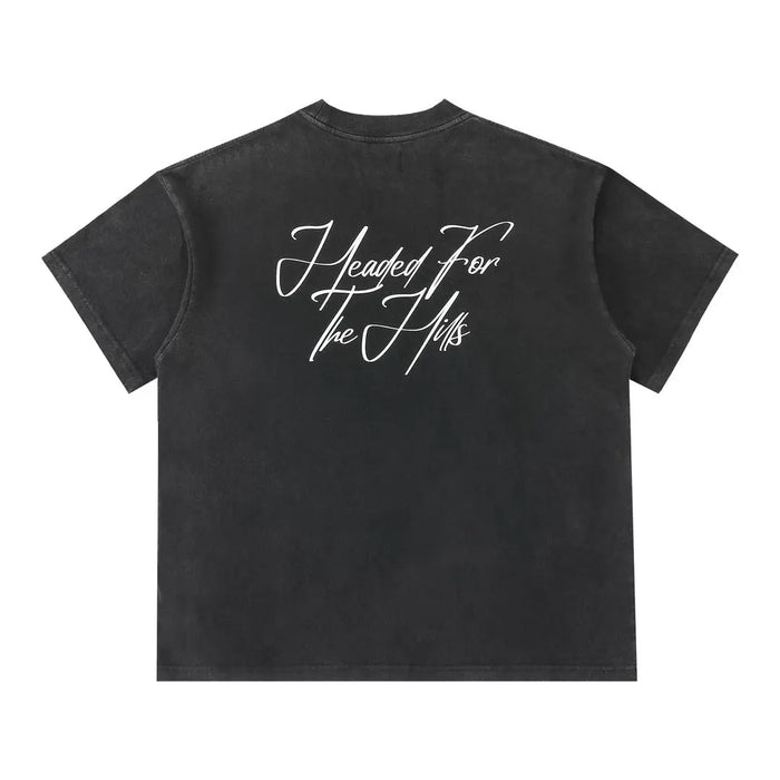 Black T-shirt with white script graphic text on back