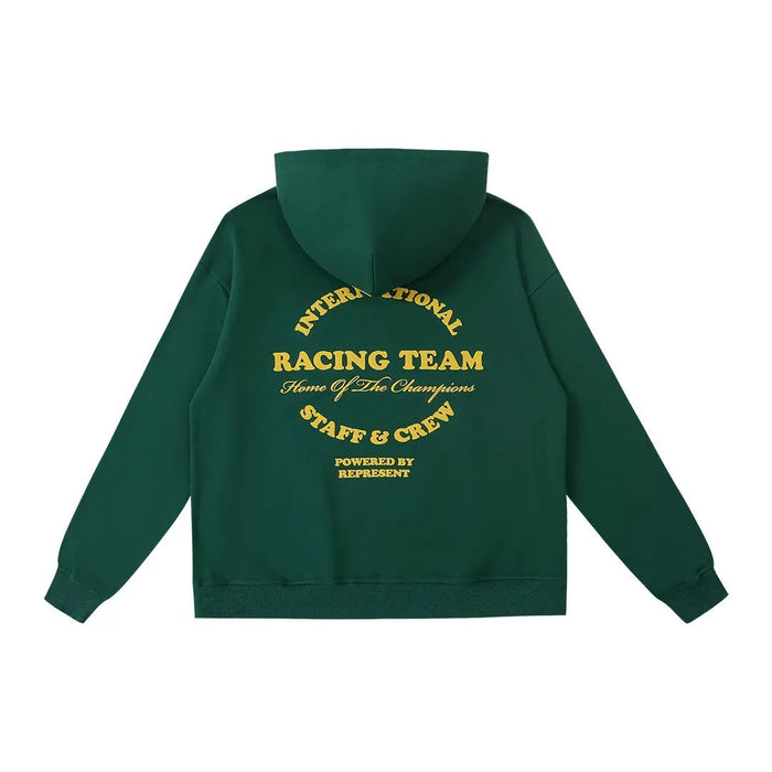 Green pullover hoodie with hood and large back racing team graphic