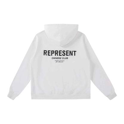White pullover hoodie with 'REPRESENT' Owners' Club print on back