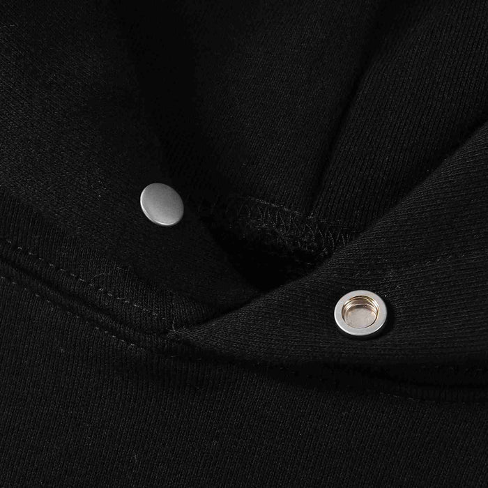 Black hoodie collar area with snap button and rib trim