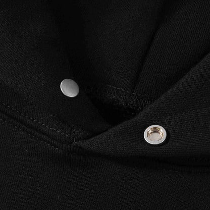 Black hoodie collar area with snap button and rib trim