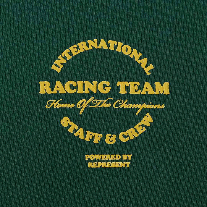 Green hoodie with yellow International Racing Team graphic and text