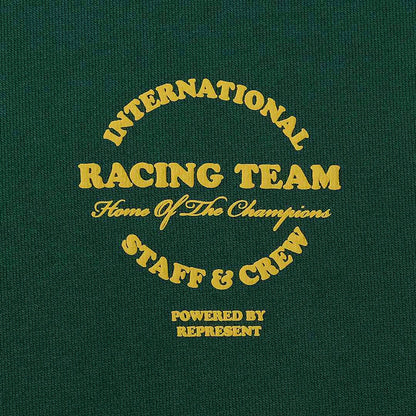 Green hoodie with yellow International Racing Team graphic and text