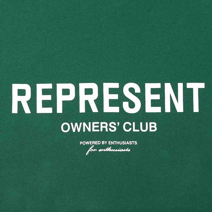 Green hoodie front logo with "REPRESENT" and "OWNERS' CLUB" text