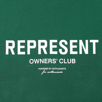 Green hoodie front logo with "REPRESENT" and "OWNERS' CLUB" text