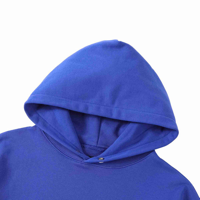 Blue pullover hoodie with drawstring hood and front kangaroo pocket