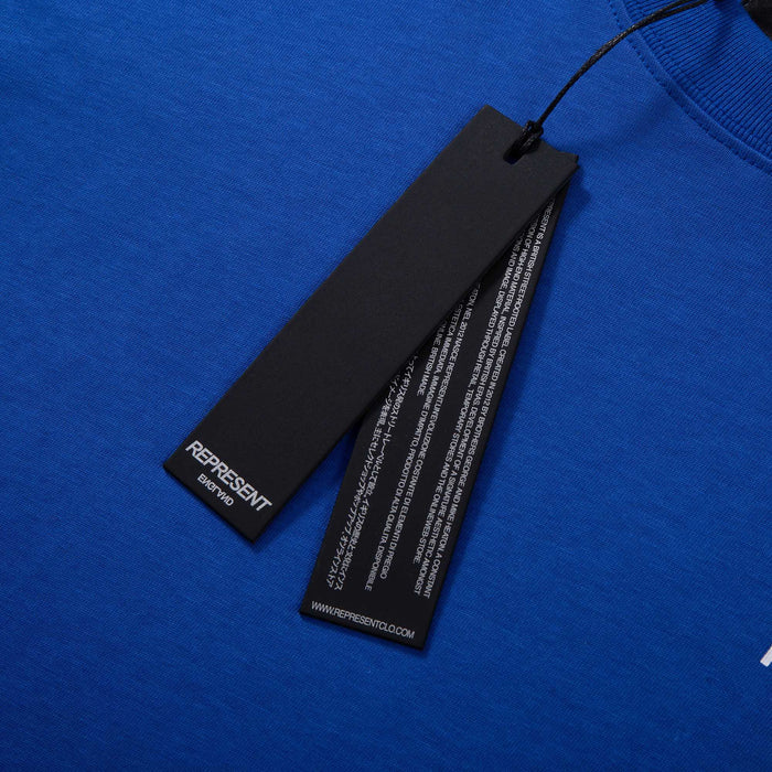 Blue T-shirt with neck tag and care label