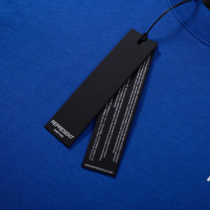 Blue T-shirt with neck tag and care label