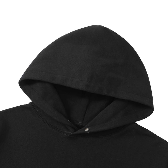 Black hoodie hood with small metal snap at center