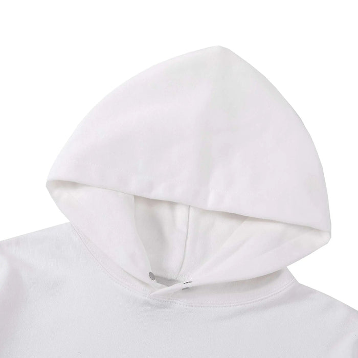 White pullover hoodie hood with drawstring and front pocket opening