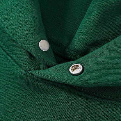 Green hoodie front placket with metal snap buttons and stitched edge