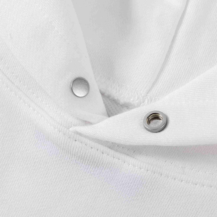 White hoodie neckline with snap button detail and metal eyelet