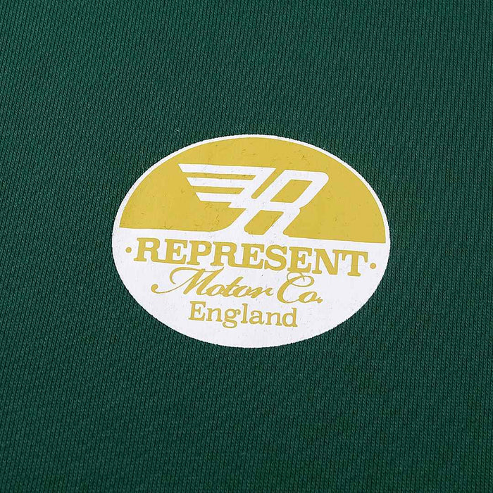 Green hoodie chest logo patch reading Represent Motor Co England