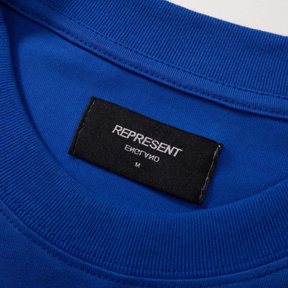 Blue crewneck T-shirt with brand size label at neckline