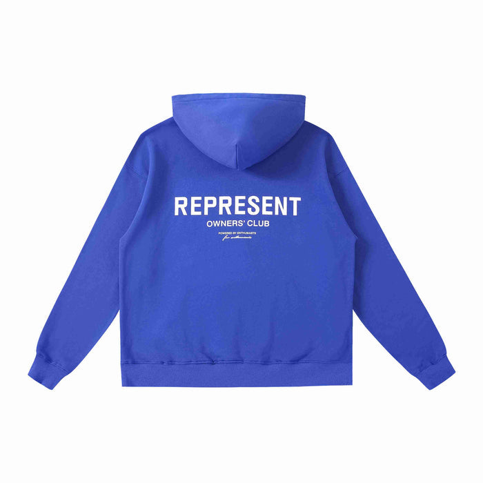Blue hoodie back view with 'REPRESENT OWNERS' logo print