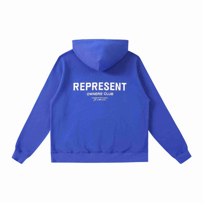 Blue hoodie back view with 'REPRESENT OWNERS' logo print