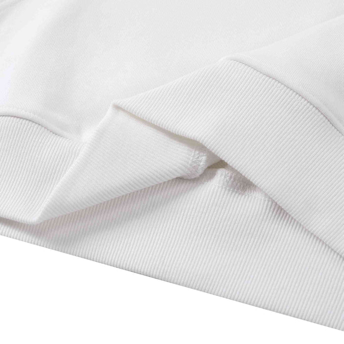White hoodie ribbed collar with layered fabric panel and button close