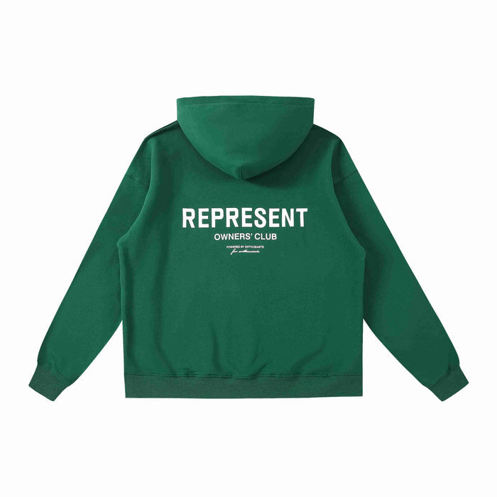 Green hoodie back with "REPRESENT" and "OWNERS' CLUB" logo print